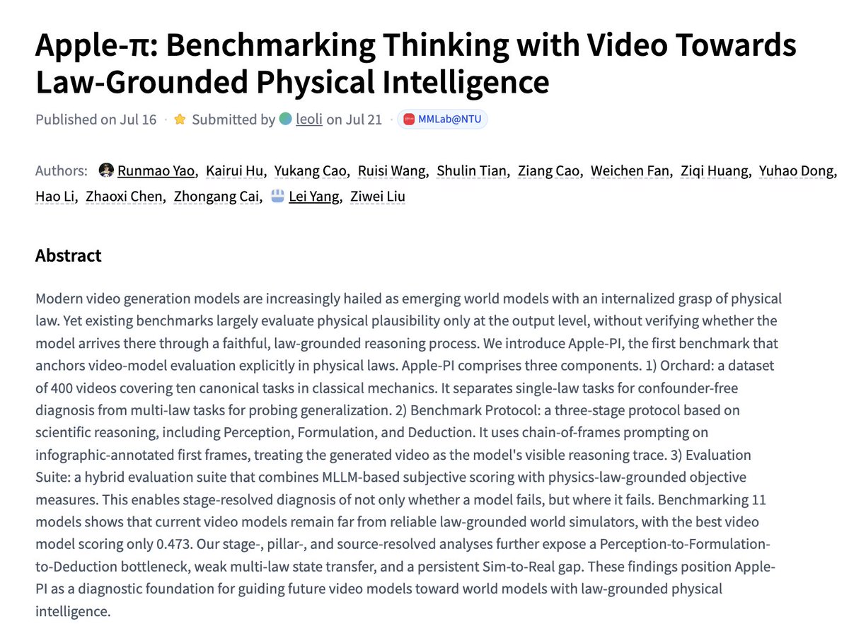 Apple-π Paper Benchmarks Physical Intelligence with Video