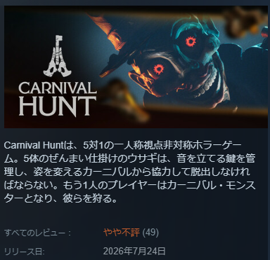 rokugachuu's tweet photo. Carnival Hunt
２時間ほどやってみたけど開始直後でプレイヤーが2,000人程度
マッチングしてもなかなか始まらない（おそらくバグで開始を押せない人がいる）
運よく開始しても何故かウサギ側が２人しかいなかったりする
ちょっとダメそうですね
#CarnivalHunt https://t.co/HHhcAVTQfH
