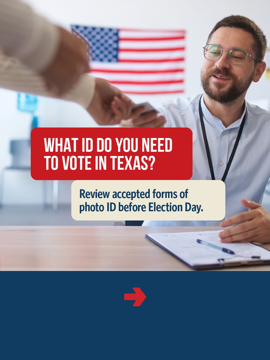 VoteTexas's tweet photo. Before Election Day, make sure you have an accepted photo ID ready.

Texas requires an approved ID such as a Driver License, U.S. Passport, or Military ID.

Learn more and review full requirements at https://t.co/MdRpg54XRY

#VoteTexas #VoterID #TexasVoters https://t.co/ntpH42DSfi