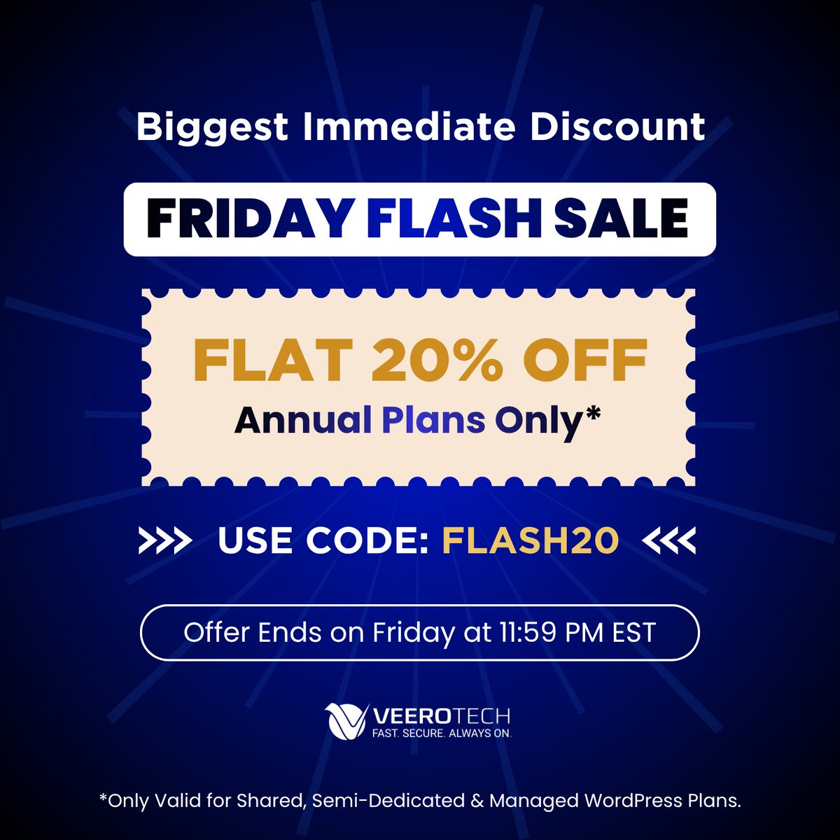 VeeroTech's tweet photo. ⚡ FRIDAY FLASH SALE IS LIVE! ⚡

Ready to level up your website speed and performance? Grab our biggest immediate discount of the season! 🚀

Get FLAT 20% OFF all Annual Plans on Shared, Semi-Dedicated, and Managed WordPress hosting! 💻✨

🎟️ Promo Code: FLASH20
⏰ Deadline: Ends Friday at 11:59 PM EST!

Don't let your site lag—lock in fast, secure, and reliable hosting before time runs out! ⏳

👉 Explore Plans & Save: https://t.co/nruI7bd4Jc

#VeeroTech #WebHosting #WordPressHosting #FlashSale #FridayDeals #DiscountCode #WebDevelopment #HostingSale