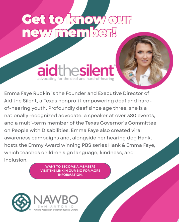 nawboSA's tweet photo. Help us give a warm NAWBO San Antonio welcome to our newest member, Emma Faye Rudkin! 💙

Emma is the CEO and Founder of https://t.co/hxev7JFsJg - a Texas-based nonprofit dedicated to helping deaf and hard-of-hearing children and teens access the resources they need to thrive. https://t.co/6RzDObuupD