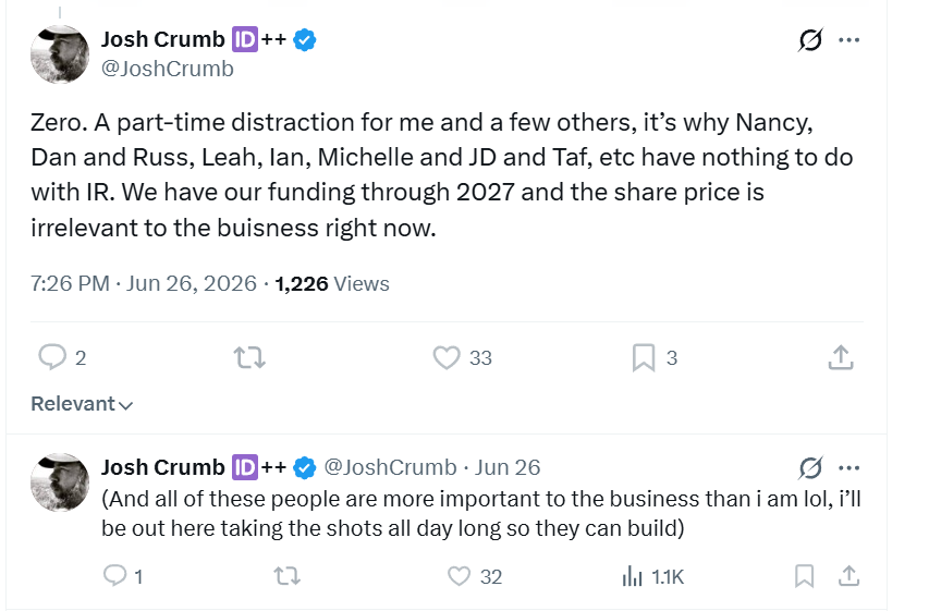 AIMhonesty's tweet photo. $ABXX.TO June: 'Share price irrelevant, part-time distraction, no dilution worries..."
July: 'This NCIB is deliberate strategy to enhance long-term per-share value' 
Nothing says the 'stock doesn't matter' like buying your own after the raise. @JoshCrumb reframing desperation.