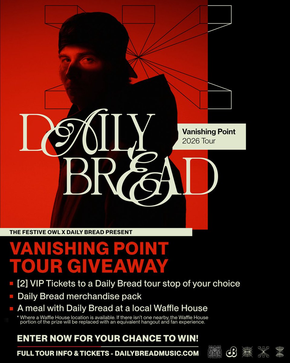 TheFestiveOwl's tweet photo. Daily Bread is hitting the road across America this fall, and I want to send someone to a show and Waffle House! 🧇🦉

Enter now for your chance to win a VIP Vanishing Point experience. 👉  https://t.co/12CHy8Pihb https://t.co/ujw0YaM96f