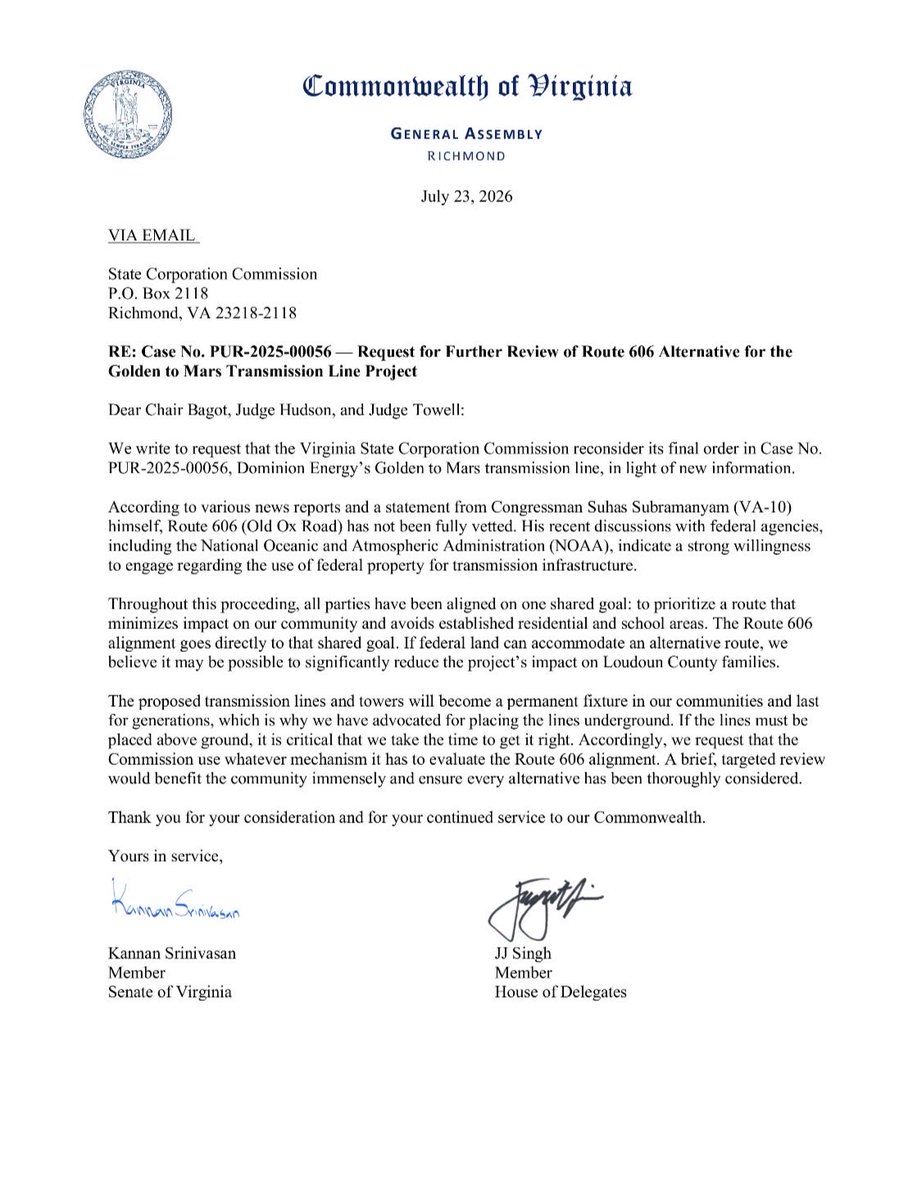 Kannanforva's tweet photo. In light of news that federal agencies are open to siting transmission lines on their property, @SinghforVA &amp; I are urging the SCC to review the Route 606 alternative for Golden-to-Mars. 

Loudoun families deserve a full review of every option. 

Read our letter below ⬇️ https://t.co/3JDUHEOlOZ
