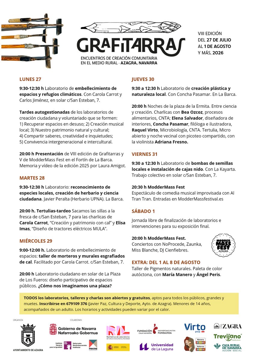 moddermass's tweet photo. Ocho ediciones después, @grafitarras arranca este lunes una nueva edición en Azagra, una semana de laboratorios, talleres, encuentros y actividades abiertas que convierten Azagra en un espacio para crear.

¡Mucha suerte en esta octava edición! 👏🎨🌾 @moddermass https://t.co/xR1wiYZmES