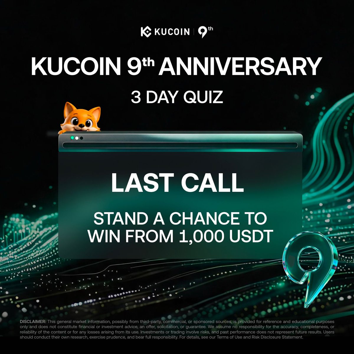 kucoincom's tweet photo. 📢 Last Call!

All 3 quizzes are active until July 30! 

Don't miss your chance to win from the 1,000 $USDT prize pool! 👇🏼

#KuCoin9th #BeyondTheSignal #9YearsOfKuCoin https://t.co/pCcg5Q51Lq