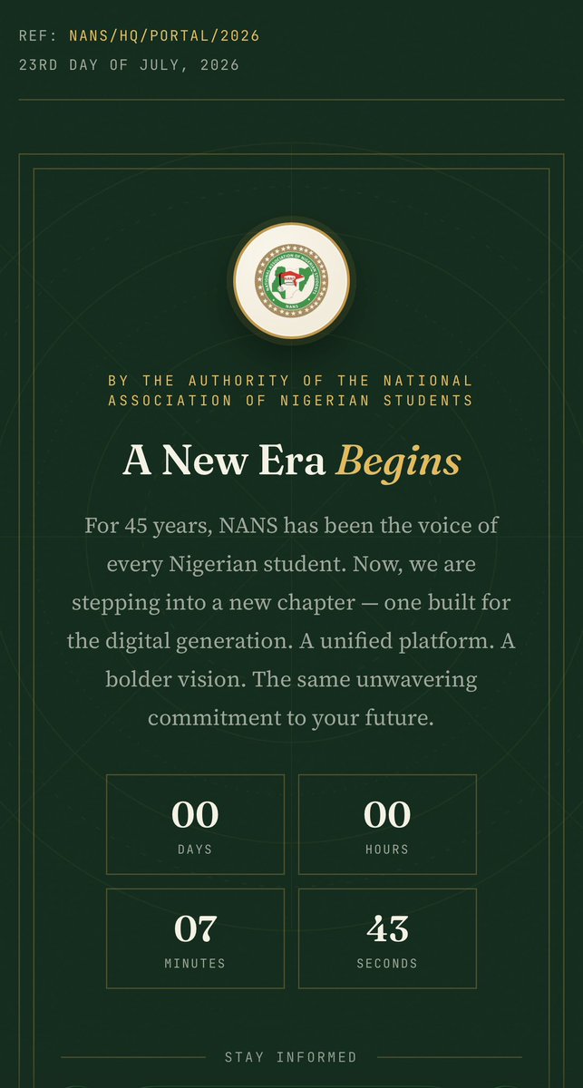 iambabtee's tweet photo. PRESS STATEMENT…

NANS HQ OFFICIAL WEBSITE LAUNCH .

23-07-2026.

Today marks a historic milestone in the journey of the National Association of Nigerian Students (NANS) as we officially unveil our digital headquarters, https://t.co/mOGjmjD4LS.

The launch of this platform represents our commitment to transparency, innovation, accountability, and effective service delivery to millions of Nigerian students. This website will serve as the official digital hub for NANS, providing timely information, student-focused initiatives, official statements, welfare interventions, and access to key services and programmes.

As we continue to modernize the operations of our great association, this platform will strengthen communication between the national leadership and students across all tertiary institutions in Nigeria, while ensuring that every Nigerian student has direct access to authentic information from NANS.

I encourage all students, stakeholders, and members of the public to visit https://t.co/mOGjmjD4LS, explore its features, and stay connected with the activities of the association. Together, we will build a more responsive, transparent, and digitally driven student movement.

This is just the beginning. NANS remains committed to championing the welfare, rights, and aspirations of Nigerian students through innovative solutions and purposeful leadership.

Aluta Continua, Victoria Ascerta!

Comrade Akinteye Babatunde Afeez
National President
National Association of Nigerian Students (NANS)