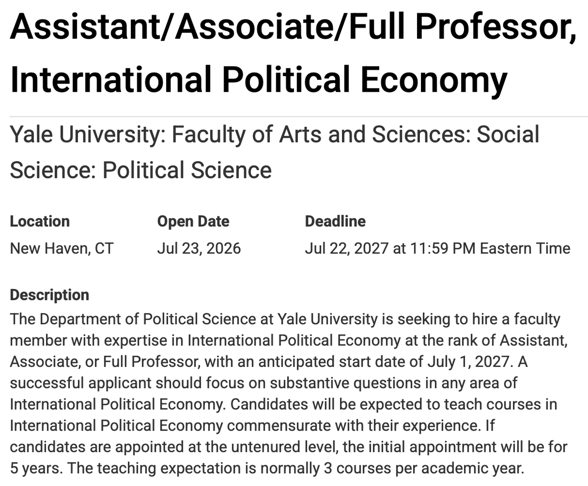 j_kalla's tweet photo. Yale Political Science has 3 open-rank searches this year: 1) Quantitative Political Science (scholars who might teach a course in quant methods and who uses quant methods in their applied research); 2) International Political Economy; (3) IR/CP/PE. Links in thread https://t.co/qBckxpe0ah