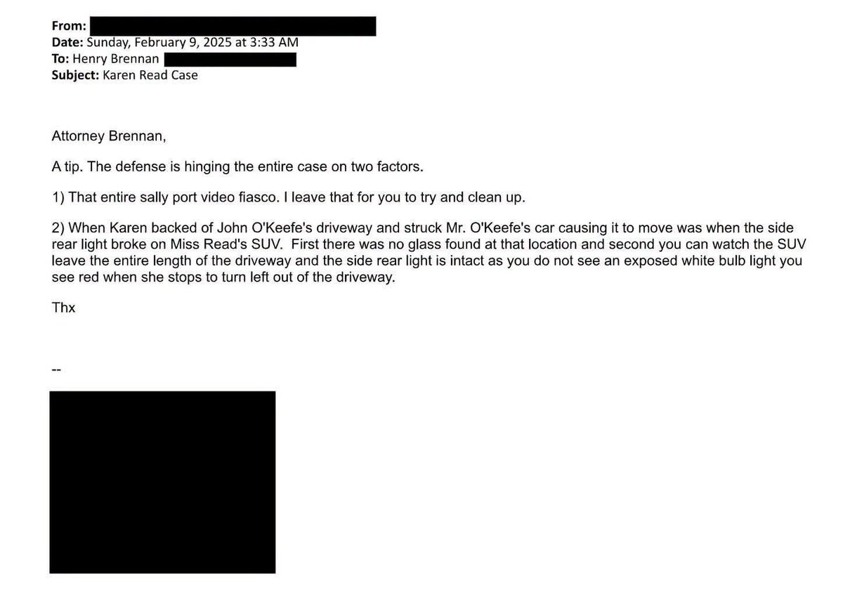 factsdontlie10's tweet photo. This proves NDAO and Hank Brennan knew Karen’s taillight was intact at 5:08am which means she didn’t hit John O’Keefe with her car. 

Why is the senders email address redacted? https://t.co/qBqfNy5Djm