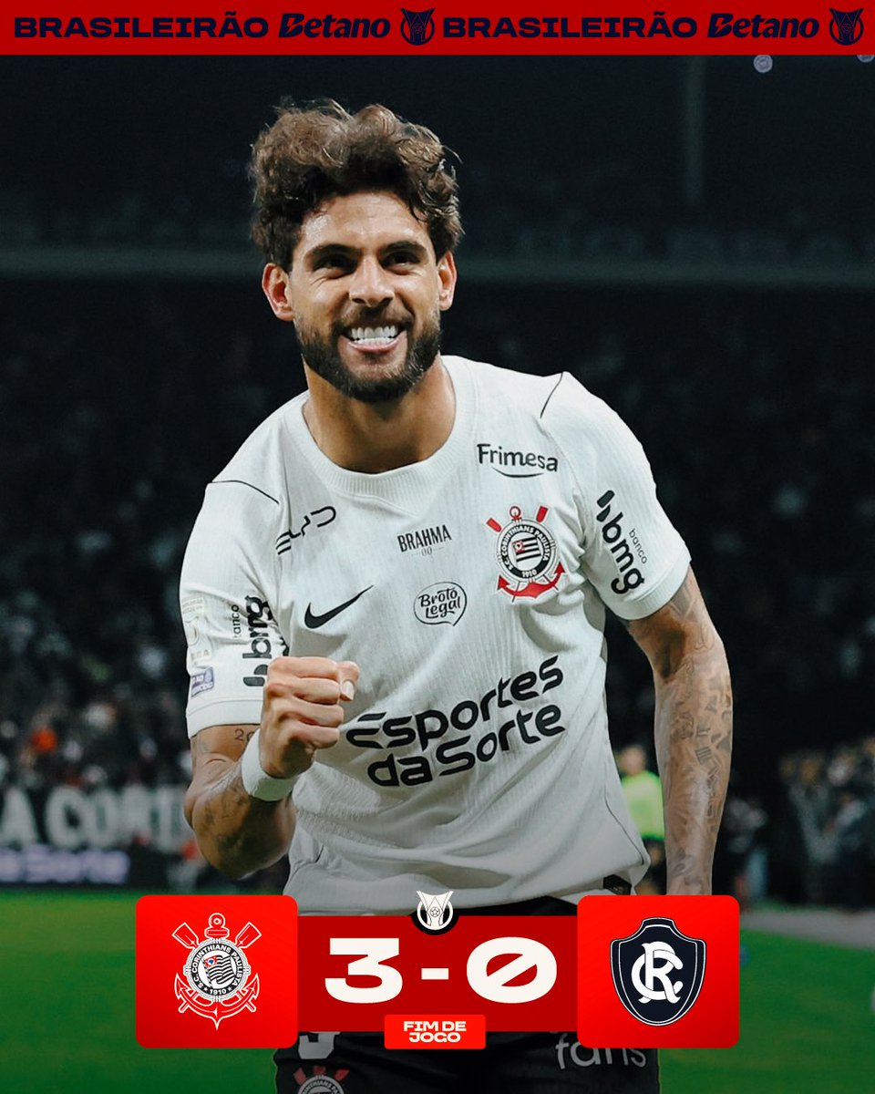 Brasileirao's tweet photo. TIMÃO FECHA A RODADA COM TRIUNFO! 🔥

O Corinthians vence o Remo por 3x0 e encerra a 19ª rodada do Brasileirão Betano 2026. Com dois gols de Yuri Alberto e um de Kaio César, o Timão resolveu a partida ainda na primeira etapaB

📸: Alexandre Schneider https://t.co/TlvQo12oRi