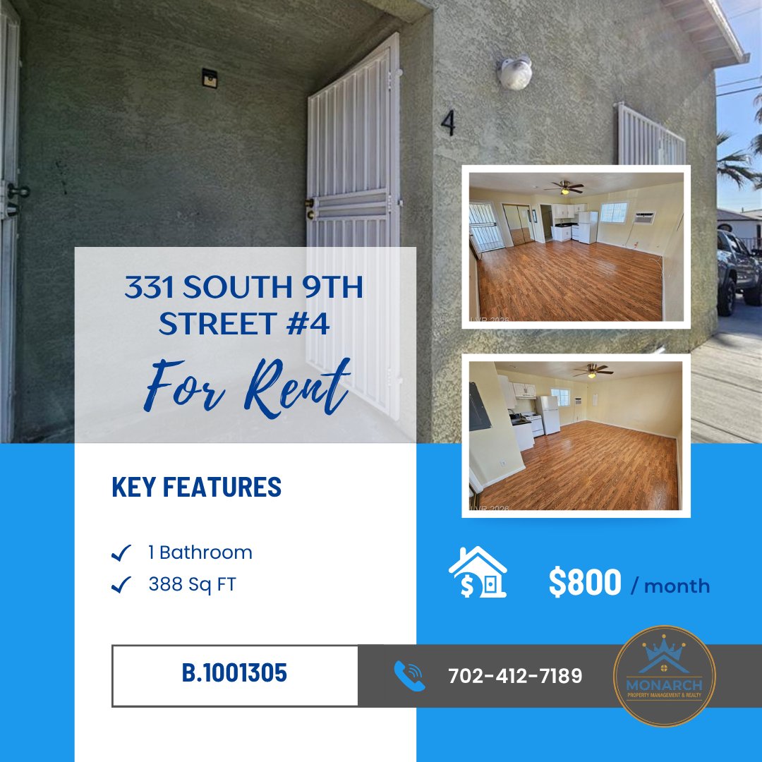mgm_monarch's tweet photo. π Now Leasing in Downtown Las Vegas!
π‘ Studio Apartment
π²Only $800/month
βοΈ Water, sewer & trash included
π331 S 9th St #4
Schedule your showing today!
π 702-412-7189
#ForRent #DowntownLasVegas #StudioForRent #LasVegasRentals #MonarchPropertyManagement https://t.co/f4JtxZLUHF