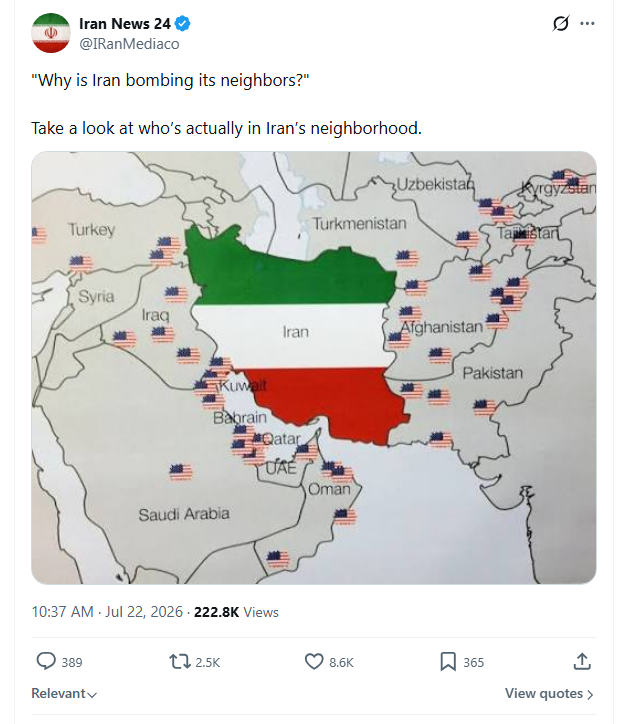 SCShipyards's tweet photo. First off, @IRanMediaco, your map is hilariously wrong.

But beyond that, gee, I have ABSOLUTELY NO IDEA why SO MANY of Iran's neighbors might want some defense from those jackholes. https://t.co/7mZGPkz7Wu