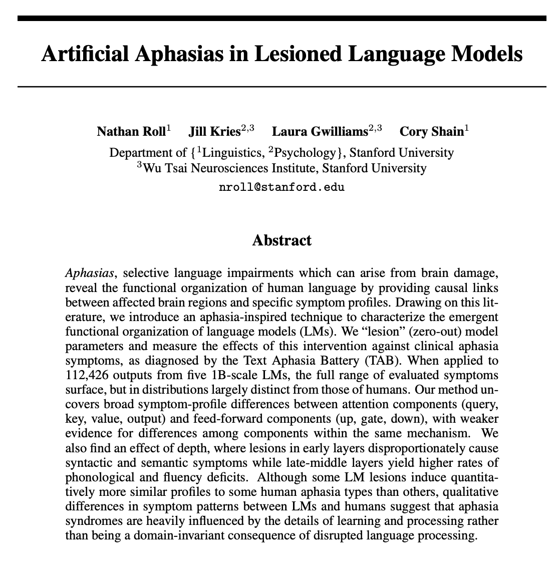 umbertoleon's tweet photo. Artículo de los que me gustan... “neuropsicología artificial” de los modelos de lenguaje o AI-lesion studies... Los autores dañaron de forma controlada componentes internos de un Transformer para clasificar los errores lingüísticos resultantes mediante categorías inspiradas en la afasia humana...

La hipótesis central del estudio es que las lesiones en distintos componentes de un modelo de lenguaje no producen únicamente una disminución general del rendimiento, sino perfiles específicos de alteración lingüística.

Los autores plantean que las lesiones en los mecanismos de atención y en las redes feed-forward (FFN), generan patrones de error diferentes; que la capa en la que se produce la lesión condiciona el tipo de déficit; y que las semejanzas entre los fallos de los modelos y las afasias humanas son parciales, no equivalentes.

Para comprobarlo, fueron "apagando" distintas piezas internas del Transformer. Algunas pertenecen al sistema que decide a qué información prestar atención (Query, Key, Value y Output), y otras al sistema que procesa esa información antes de generar la respuesta (Gate, Up y Down).

Estas lesiones se aplicaron en todas las capas de cinco modelos de aproximadamente mil millones de parámetros pertenecientes a las familias Llama, Gemma y OLMo, con niveles de severidad del 25%, 50%, 75% y 100%.

- 25%: se desactiva una cuarta parte de los pesos.
- 50%: se desactiva la mitad.
- 75%: se desactivan tres cuartas partes.
- 100%: se desactiva toda la matriz, es decir, ese componente deja de funcionar por completo.

Posteriormente, las respuestas fueron evaluadas mediante la Text Aphasia Battery, que clasifica síntomas semánticos, sintácticos, fonológicos, de fluidez y de otras categorías.

El estudio analizó más de 112.000 respuestas generadas por los modelos lesionados y comparó sus patrones de error con 6.000 muestras de lenguaje de AphasiaBank, una base de datos clínica con producciones de personas con y sin afasia, utilizando la misma batería de evaluación.

El resultado principal es que las lesiones en atención y en FFN producen perfiles de error significativamente distintos.

Las lesiones en atención muestran una proporción relativamente mayor de errores fonológicos y problemas de fluidez. Esta diferencia se mantiene incluso después de controlar distintas variables tales como carga total de síntomas, la longitud de las respuestas, la diversidad léxica, el método de decodificación...

Las lesiones en FFN, que ayudan a generar la respuesta, generan con mayor frecuencia contenido poco claro, respuestas breves o estereotipadas, desviación respecto al prompt, automatismos y repeticiones.

La profundidad de la lesión también influye en el tipo de alteración. Las lesiones en capas tempranas afectan con mayor frecuencia a la semántica y la sintaxis, mientras que los errores fonológicos y de fluidez aparecen principalmente en capas intermedias o tardías.

Los autores también observan que las últimas capas parecen menos necesarias para mantener el comportamiento medido, ya que las lesiones situadas después de aproximadamente el 70% de la profundidad del modelo producen menos síntomas.

La comparación con las producciones humanas muestra que algunos síntomas aparecen en ambos sistemas, pero con distribuciones muy distintas. Las personas con afasia presentan con mayor frecuencia anomia, habla vacía y alteraciones semánticas o sintácticas.

Los modelos lesionados, en cambio, producen más bucles de repetición, automatismos y respuestas fuera de tema.

Otra diferencia es en la coocurrencia de los síntomas, donde en humanos, estos tienden a agruparse en patrones clínicos relativamente estructurados, mientras que en los modelos aparecen de forma más aislada y dependen en mayor medida de la configuración de generación.

Así que nada, los resultados son claros, se pueden estudiar los LLMs mediante AI-lesion approach, pero no se parece a las lesiones humanas. Esto puede ser por muchos motivos, y el que a mi me parece más razonable es la interrelación de las redes de lenguaje humanos con muchas otras redes que gobiernan otros procesos...

Hasta aquí, espero os haya parecido interesante, otra manera más que la neuropsicologia podría aportar al estudio de la IA!

Fuente: https://t.co/AkLWS02H1I