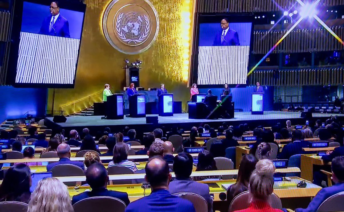Macky_Sall's tweet photo. J’ai pris part, ce 23 juillet, au siège de l’ONU, au débat entre les candidats au poste de Secrétaire général de l’Organisation, organisé par l’Assemblée générale. J’ai partagé ma vision et mon ambition pour une ONU réformée et plus efficace, capable de mieux prendre en charge ses missions principales : la paix et la sécurité, les droits de l’homme et le développement. J’ai également indiqué comment mon expérience de vie publique nationale et d’interaction à l’échelle africaine et internationale pourrait aider à relever les défis majeurs de notre temps, si les États membres me font confiance.