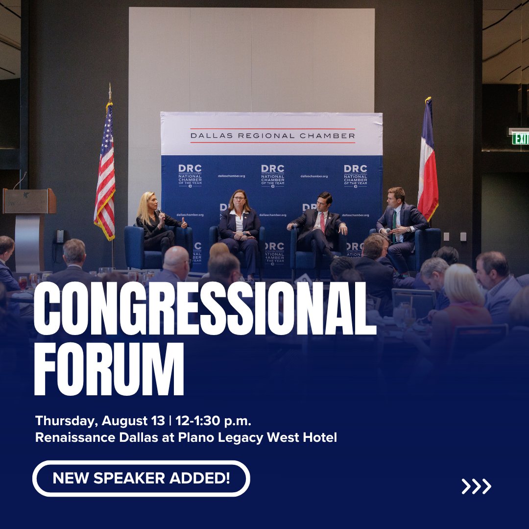 DRC's tweet photo. 📢 New date and new speaker added!

The federal policy landscape plays an important role in the Dallas Region's continued growth and competitiveness. At the DRC's Congressional Forum, members of Congress will share insights into their work in Washington, D.C., and discuss the priorities and policies affecting businesses and communities across North Texas.

Register today! https://t.co/p96C1MAOXF
