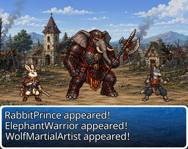 MaterialPixel's tweet photo. What if your party members were all animals? 🐱⚔️

Here’s a retro pixel art pack featuring 30 characters reimagined as animals—from classic swordsmen and mages to ninjas and emperors!

Includes 30 unique characters (dogs, cats, tigers, elephants, mammoths, and more) with both 1x and 2x scaled PNGs included. Perfect for RPGs, prototypes, or video thumbnails!

Fits right into beastfolk parties, animal kingdoms, or enemy armies in your retro JRPG.

Details & free sample in the replies 👇

#PixelArt #GameAssets #IndieDev #gamedev