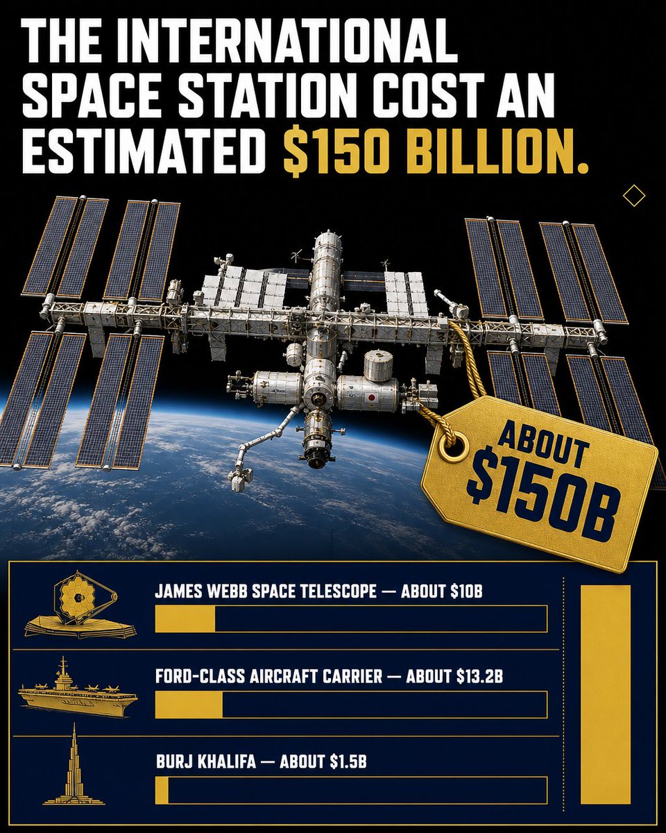 epicspacemedia's tweet photo. The International Space Station is commonly estimated at about $150 billion once development, assembly, launches and operations are counted. The total varies by methodology, but it remains the most expensive object humans have assembled. https://t.co/snq4U3oCBJ