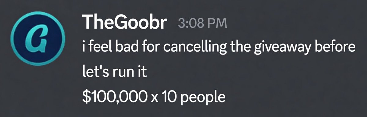 RunAlongs's tweet photo. HOLY SHIT. @TheGoobr FEELS BAD ABOUT CANCELLING THE GIVEAWAY AFTER LOSS LAST TIME!

he said he will change 10 people's lives with $100k

$100k/10 people for $1,000,000 giveaway.

✅MUST: LIKE AND RETWEET!
☑️JOIN DISCORD: https://t.co/rDA4rR95Cn https://t.co/ev0D2aTRjL