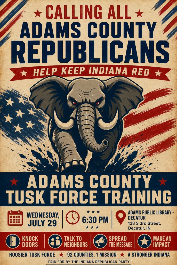 AdamsCoINGOP's tweet photo. The @indgop be hosting its first @TuskForceGOP Training in Adams County at the Decatur Public Library on July 29th at 6:30PM! Please click on the following link and fill out the form to RSVP.

https://t.co/9Z7dW9xZil https://t.co/jl4GXMzUtK