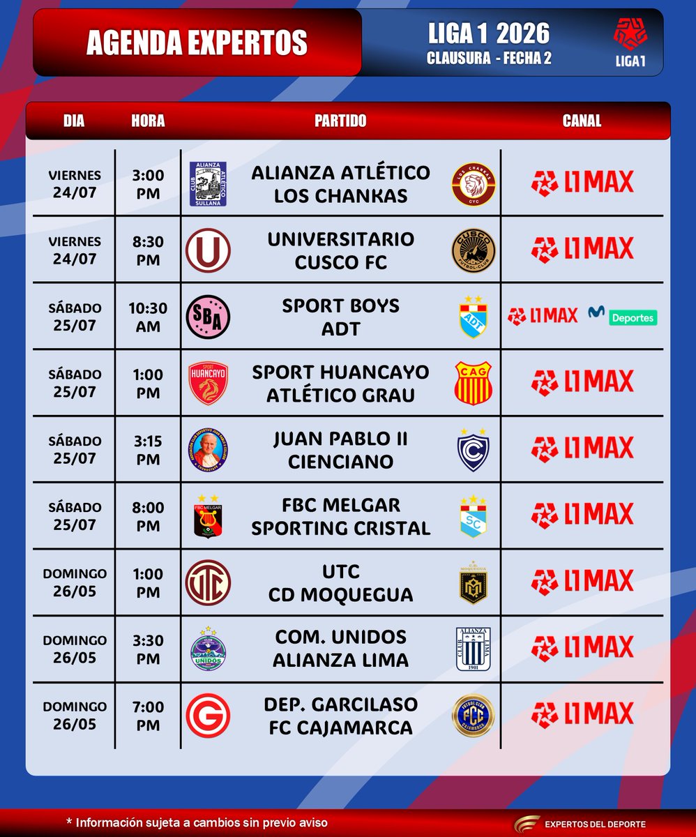 ExpertosDDXT's tweet photo. 🗓️ #AgendaExpertos
 🇵🇪 #Liga1 
⚽️ Torneo Clausura - Fecha 2
  
📺 Todos los partidos por @L1MAX_
📺 Sport Boys vs ADT disponible en @MovistarDeporPe 
 
⏰ Horarios para Perú.
⚠️ Sujeto a cambios. https://t.co/Red3TNRxbq