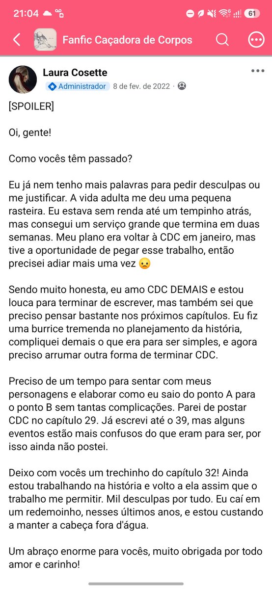 poeticbreakdown's tweet photo. e eu que tenho a vagabunda da Laura Cosette com Caçadora de Corpos, postou a última vez em 2019 e nao aparece desde 2022 c notícias, tem um grupo no Facebook lotado de órfãs https://t.co/1msykYzUWS