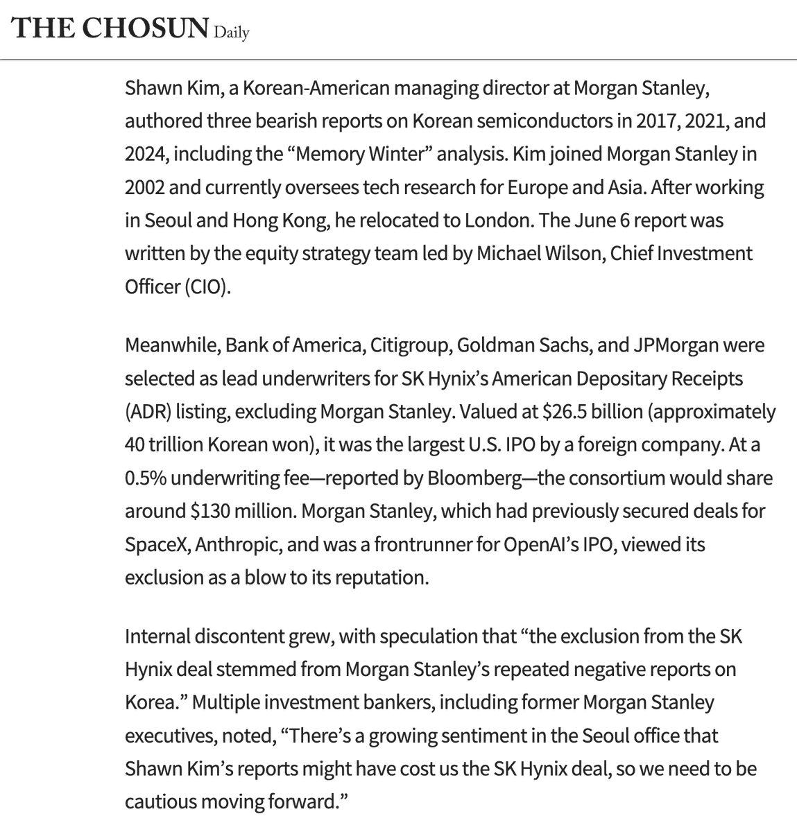 jukan05's tweet photo. Apparently, Morgan Stanley was quite shaken internally after failing to secure an underwriting mandate for SK Hynix’s U.S. listing... https://t.co/8eqyV3IU5I