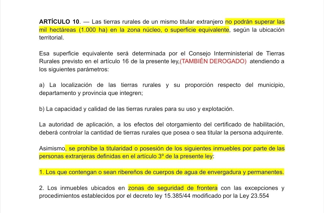 MiniNestor's tweet photo. 🚨🇦🇷Este artículo de la LEY DE TIERRAS de 2011 es DEROGADO EN SU TOTALIDAD con el proyecto de Sturzengger y Milei.
Se deroga la prohibición que los extranjeros compren tierras con ríos, lagos, glaciares, acuiferos, etc.
Estos tipos vienen por todo‼️ https://t.co/NaVwwoUH0k