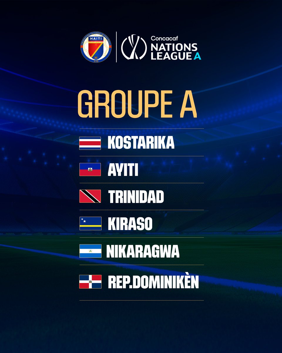 fhfhaiti's tweet photo. Se nan Gwoup A a Grenadye nou yo pral antre nan batay la. 

Apre tiraj osò Lig Nasyon Concacaf 2026-2027 la, Ayiti konnen senk advèsè li yo: Kostarika, Trinidad ak Tobago, Kiraso, Nikaragwa ak Repiblik Dominikèn. Pami yo, Grenadye yo pral rejwenn twa ekip yo te deja kwaze sou wout kalifikasyon pou Koup di Mond FIFA 2026 la: Kostarika, Kiraso ak Nikaragwa.

Faz gwoup la ap dewoule pandan fenèt entènasyonal mwa septanm ak oktòb 2026 yo. Dapre fòma konpetisyon an, chak seleksyon pral jwe 4 match sèlman, ak 2 lakay ak 2 ale. Objektif la klè: ranmase ase pwen pou fini pami de premye ekip nan gwoup la epi jwenn tikè pou ka de final yo, ki pwograme pou mwa novanm 2026.

Ann fè yon sèl dèyè ekip nasyonal la. Nou tout se Grenadye!