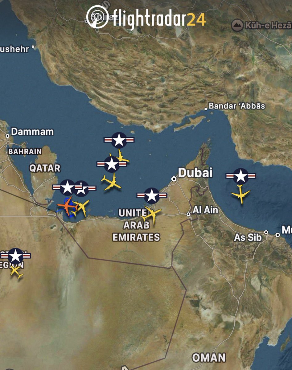Osint613's tweet photo. At least USAF 6 fuel tankers are operating over the Persian Gulf right now https://t.co/6pRv4KQIGi