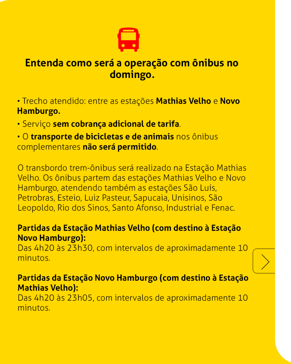 Trensurb's tweet photo. ⚠️ Atenção, usuário! Neste domingo (26), a operação da Trensurb passa por alterações devido a obras sob responsabilidade Dnit, realizadas em viaduto da BR-116, em Canoas.

👉 Passe as imagens e veja os detalhes.

➡️Saiba mais: https://t.co/pfCUrqFUtP

+ https://t.co/SKlBTf1PWh