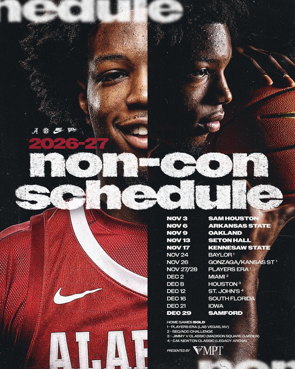 BamaJared79's tweet photo. Alabama Basketball released their Non-Conference and Sec opponents for the 2026-2027 Basketball season. 

#rolltide #alabamabasketball #crimsontide #ncaabasketball #fyp https://t.co/y5C5Pbj6kK