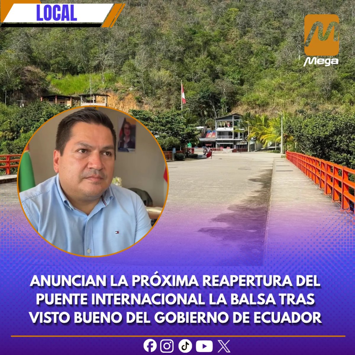 megajaen's tweet photo. 🟠🟣 #Frontera | Ecuador dio el visto bueno para la reapertura del Puente Internacional La Balsa. Solo falta culminar los trámites entre las cancillerías de Ecuador y Perú para habilitar el paso. #LaBalsa #Perú #Ecuador https://t.co/B4SfeauHyQ