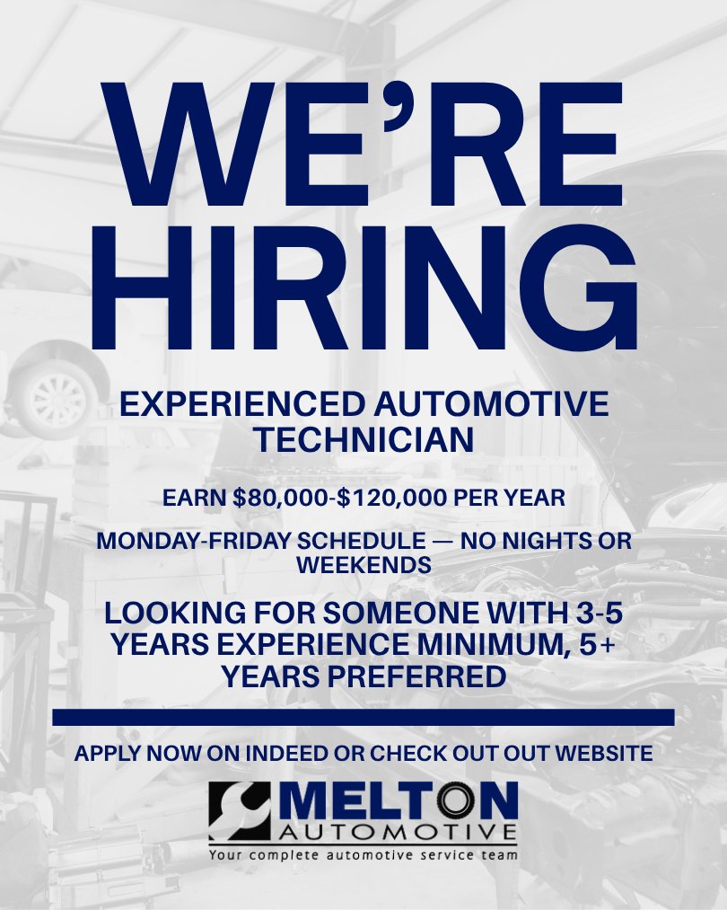 MeltonAutomotiv's tweet photo. 🔧 We're looking for someone with a strong work ethic, integrity, and a willingness to learn. Experience is valuable, but finding the right person for our team matters even more.

💰 $80k–$120k+ | Mon–Fri (No nights/weekends)

Apply: https://t.co/j8x5lTWL7L https://t.co/fAYGX6UbQL