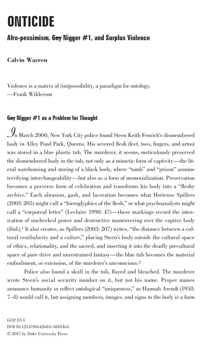 mbiratafari's tweet photo. Calvin Warren, “Onticide: Afro-Pessimism, Gay Nigger #1, and Surplus Violence” https://t.co/WpM4YAP7pT