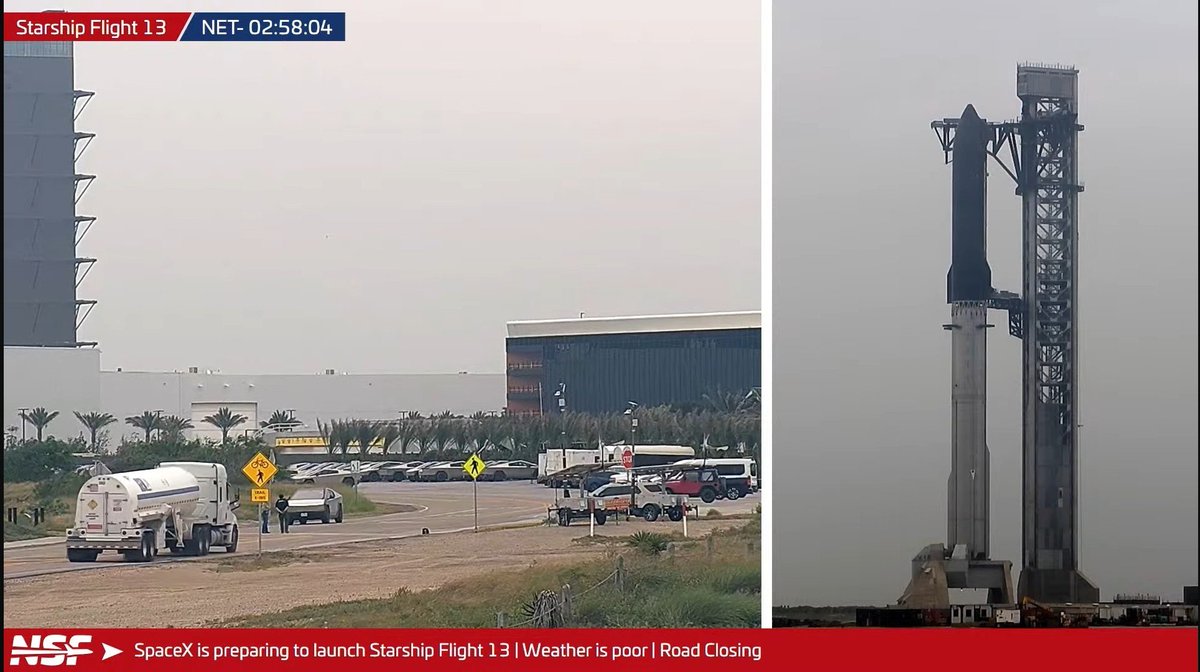 LevLime's tweet photo. T- 2:58:04
Scrub for today, both road block are gone and as I write this chopsticks are going down to hug the ship.
They can launch tomorrow so will see. Waiting for the official confirmation. https://t.co/if1b6Watff