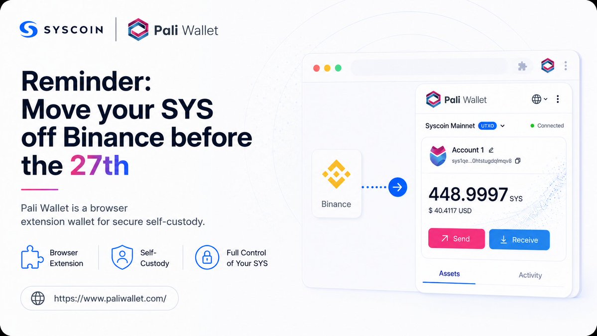 syscoin's tweet photo. 📢 PSA Reminder: @binance withdrawals for $SYS close on July 27.

Move your $SYS to a wallet you control before the deadline. Pali Wallet is a browser extension wallet built for secure self-custody.

https://t.co/bP4YwrrriO https://t.co/5tDal7RlY6