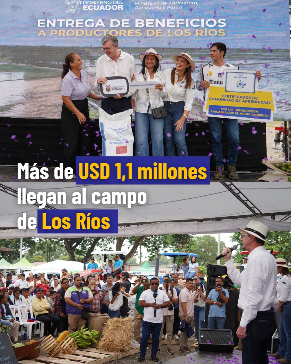 AgriculturaEc's tweet photo. 🚜 11 tractores con implementos y 2 Unidades Móviles Agroproductivas para fortalecer el trabajo en el campo. 

🌱 10.000 paquetes agrícolas, 📜 44 títulos de propiedad, fertilizantes y biol para miles de productores, además de créditos, indemnizaciones del seguro agrícola, convenios para el desarrollo sostenible y certificaciones que impulsan una producción más competitiva.

Seguimos acompañando a quienes hacen crecer el agro de Los Ríos todos los días. 🌾

#MAGP #GobiernoDelEcuador