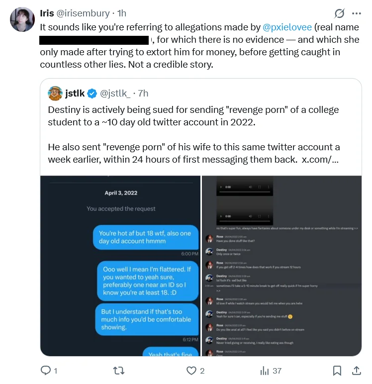 DeezNutz__lol's tweet photo. Hey sex offender apologist. Are you aware that Destiny and his community have doxxed the woman who's suing Destiny for sharing her sex tape around without her consent? They are also lying, doxxing and trying to deplatform anyone that persistently speaks out against him. https://t.co/OTMywITVtz