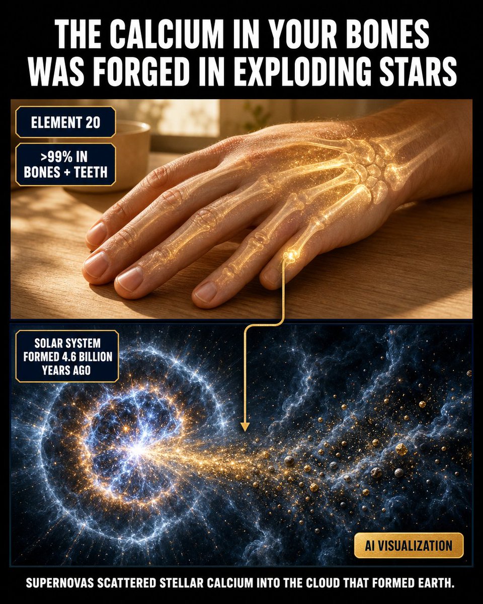 epicspacemedia's tweet photo. More than 99 percent of the calcium in your body is stored in bones and teeth. Those atoms predate Earth: exploding massive stars and white dwarf explosions scattered calcium into the cloud that formed our solar system 4.6 billion years ago. https://t.co/hzUebHH1Hy