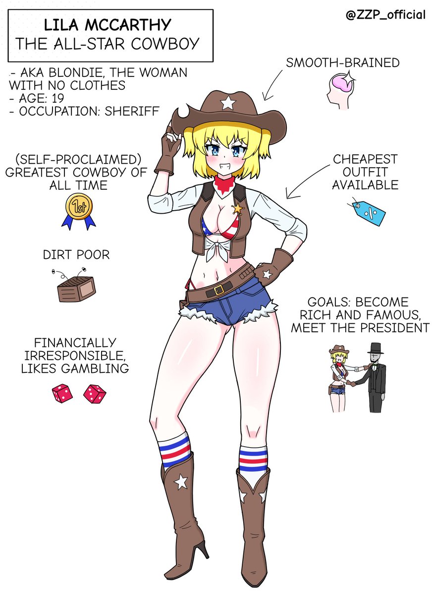 ZZP_official's tweet photo. Lila Intro Card

Meet the protagonist of Lila All-star Cowboy, Lila McCarthy. Though she may not be the sharpest tool in the shed, as sheriff, she'll always fight to preserve law and order, even at the cost of her own modesty.

More intro posts soon.

#indiedev #euf #enf https://t.co/QKWbCUC7eL