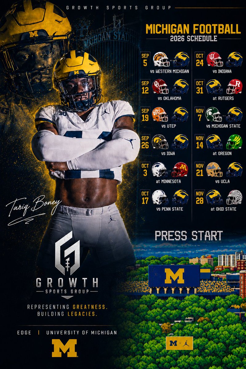 GSGManagement's tweet photo. Every date on the calendar is another chance to leave your mark.
Our GSG athlete @TariqBoney is set for the 2026 campaign in the Maize & Blue. Time to go to work. 〽️
#GoBlue #B1G #GrowthWithGSG https://t.co/TvBCsavl19