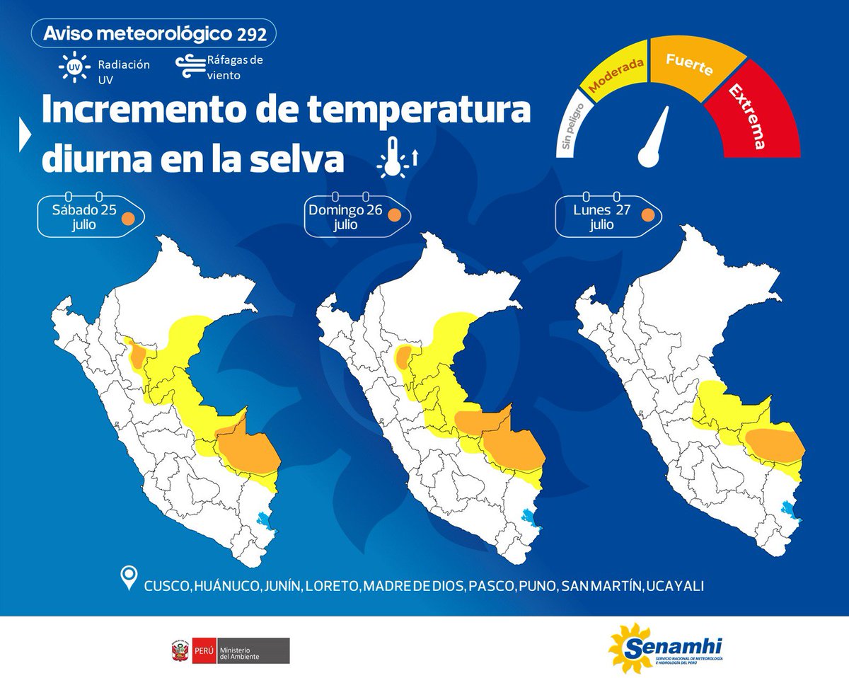 Senamhiperu's tweet photo. 🌡️📣#Aviso #Senamhi #Minam Del 25 al 27 de julio, se presentará el incremento de la temperatura diurna en la selva.
✅Asimismo, se prevé escasa cobertura nubosa durante el día,aumento de la radiación UV yráfagas de viento.
📲 https://t.co/laoNtVkmgc https://t.co/tOcPBOQae1