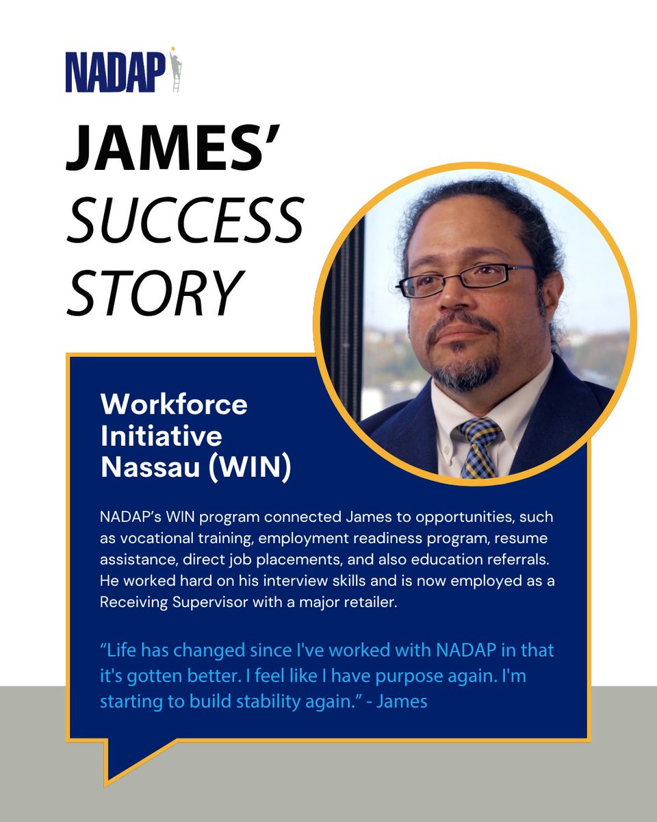 NADAP_org's tweet photo. James knows what it means to start over. Through NADAP's Workforce Initiative Nassau (WIN) program, he received job training, career coaching, and placement support. Today, he's a Receiving Supervisor with a major retailer.

Help more people like James: https://t.co/7dnK21817B https://t.co/QQ9pw2ii3r