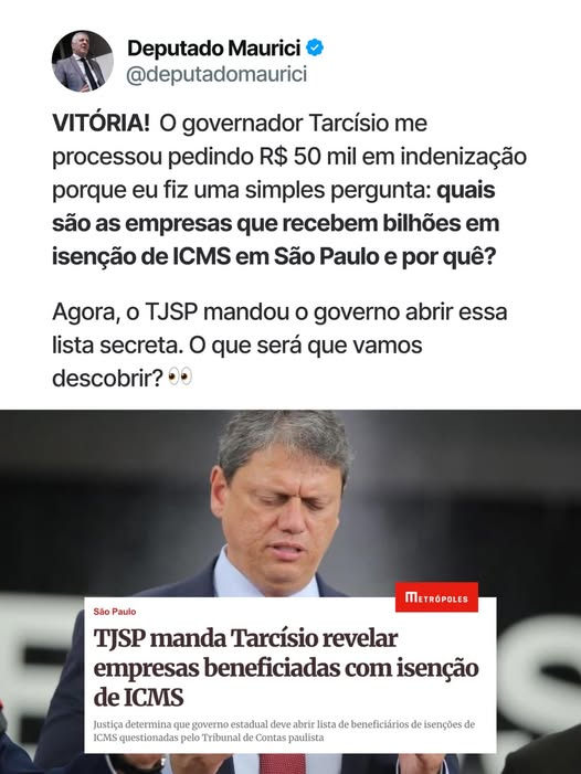 jose49729680's tweet photo. VITÓRIA! O TJSP mandou o governo Tarcísio abrir a lista secreta de empresas que recebem bilhões em isenção de ICMS. O que será que vem por aí? https://t.co/C5e222hwzc