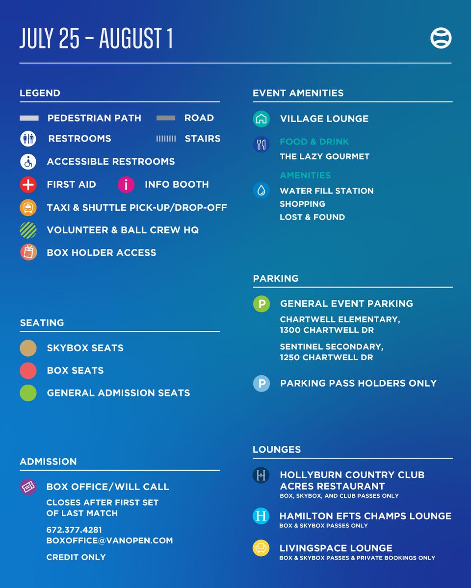 vanopentennis's tweet photo. Centre Court, the Village Lounge, the Box Office, shuttle drop-off โ we've mapped it all out for you.
Get your bearings before you arrive and make the most of every minute at the Odlum Brown #VanOpen.
Jul 25 โ Aug 1, 2026 | Hollyburn Country Club
@Odlum_Brown #WTA #ATP https://t.co/GYUmlCIo9G