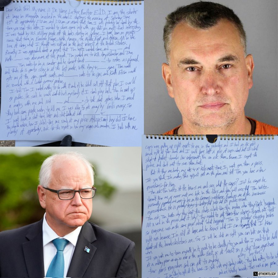 TheSCIF's tweet photo. Confession letter released by the FBI.

"Tim [Walz] wanted me to k*ll Amy Klobuchar"

"If you think I'm making this up, just get on the phone and tell Tim you have a few questions for him- Then ask Tim Walz if he knows me and see what he says?"

– Vance Boelter https://t.co/KUE242nMwd