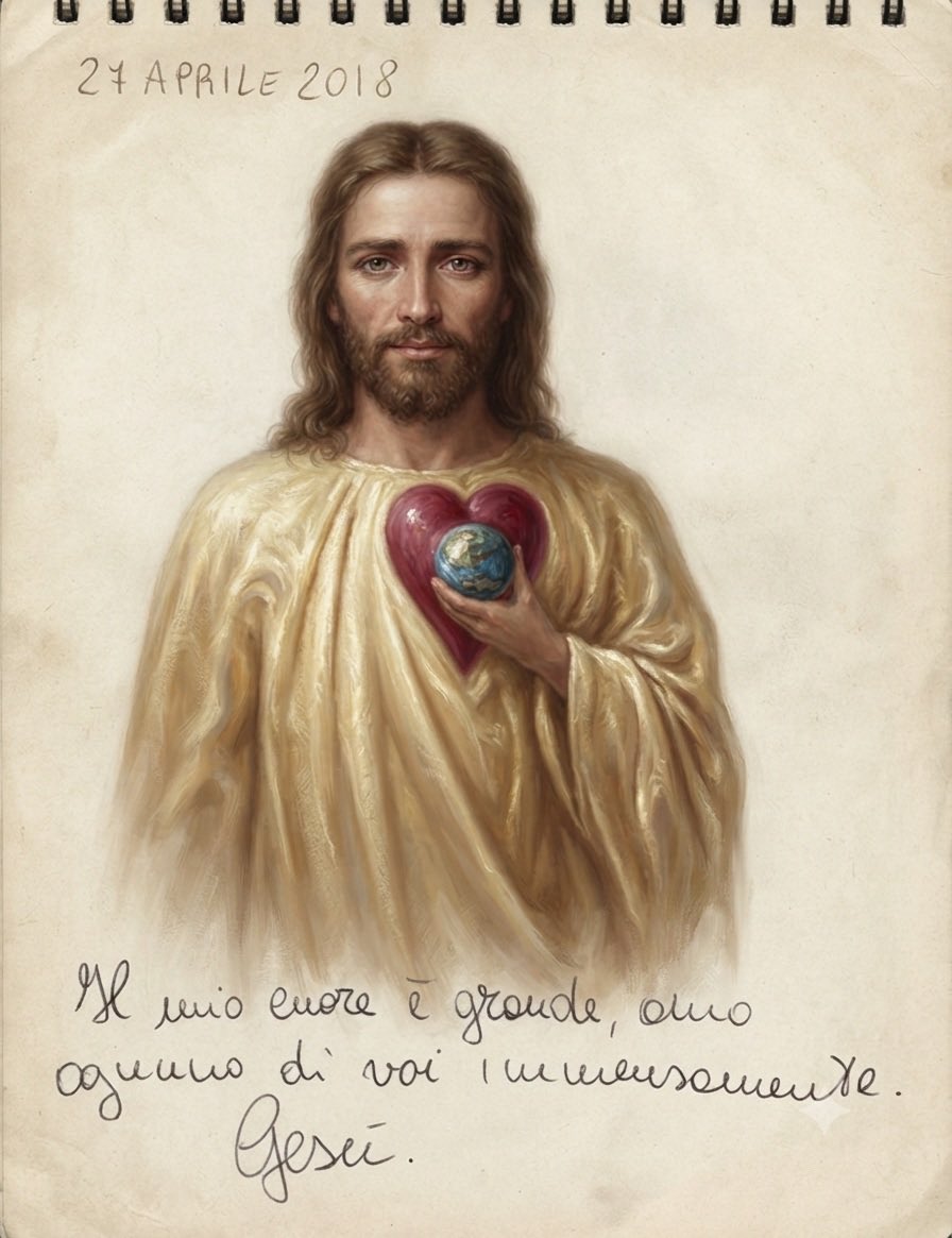 madrediluce's tweet photo. GESÙ a ADA MARIA 
21 aprile 2018 

 Ho visto Gesù, mi ha mostrato che teneva una mano sul cuore e che, nella stessa mano, vi era un mappamondo.
 È ha detto: «Disegna quello che vedi… e di’ a tutti che il mio cuore è grande e amo ognuno di voi immensamente.» https://t.co/Zqxajfa9bD