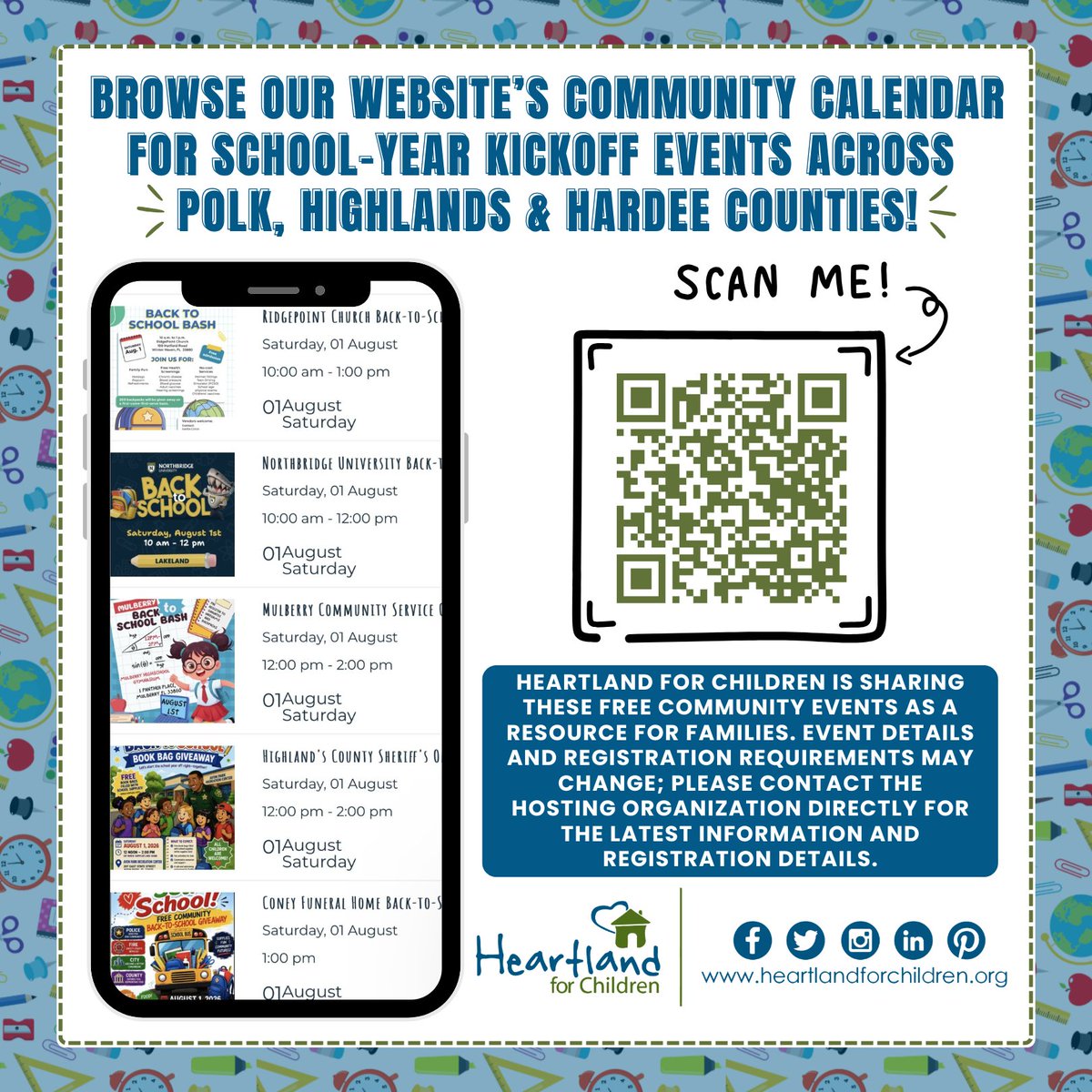 HFCFL's tweet photo. 📚 Ready for back-to-school?

Heartland for Children has compiled community events and resources from across Polk, Highlands, and Hardee counties to help families prepare for the school year ahead.

Visit our Community Calendar to learn more: 🔗 https://t.co/D2WSrkV1c3 https://t.co/LK74Lo1XM9