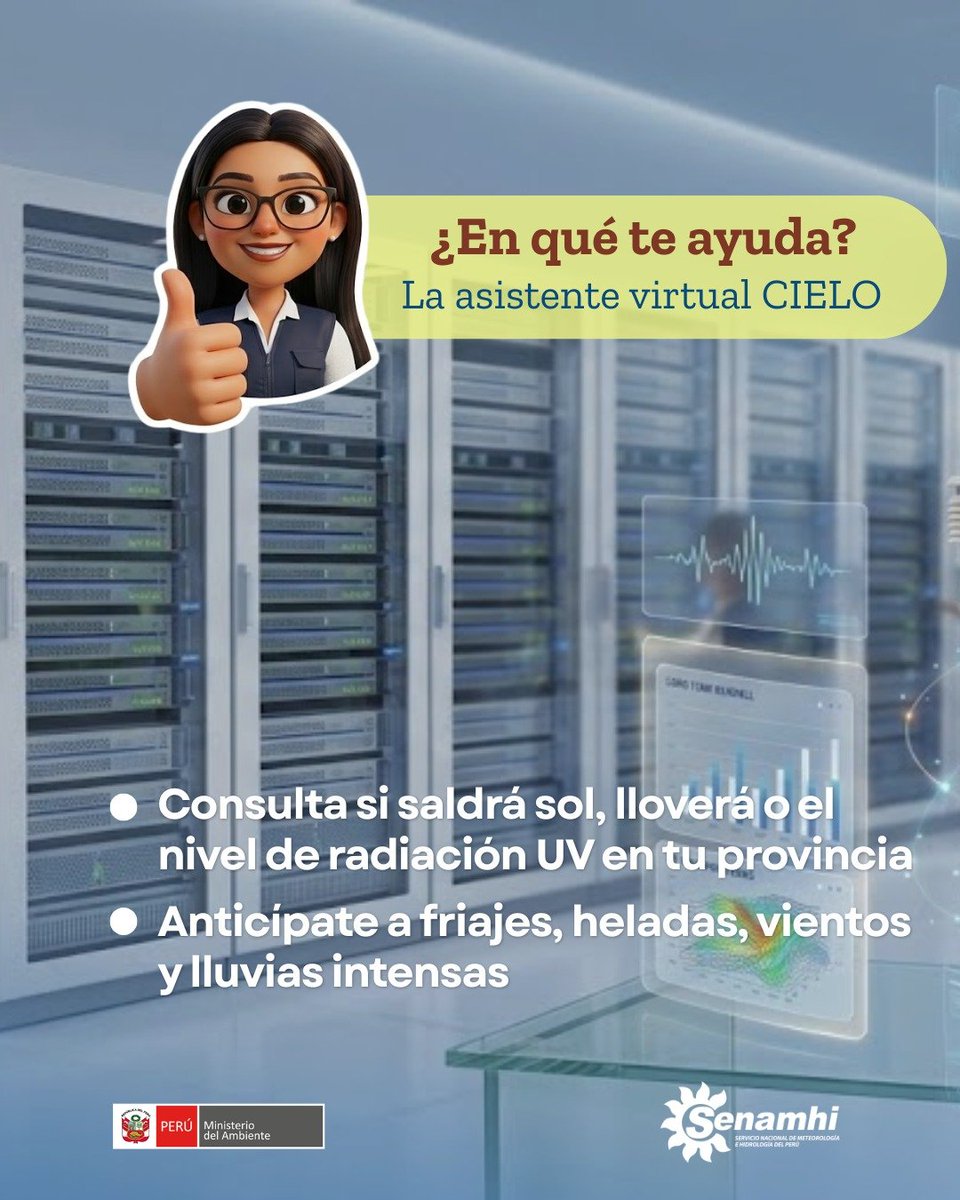 Senamhiperu's tweet photo. 🌤️ #Senamhi #Minam ¡Conoce a Cielo, tu asistente virtual del Observatorio del Senamhi!
¿Quieres saber qué te espera el día de hoy?
👉 ¡Desliza el carrusel y descúbrelo!
🌐 Ingresa ahora a https://t.co/4OiU6gudKE https://t.co/DTCn9YkBLA