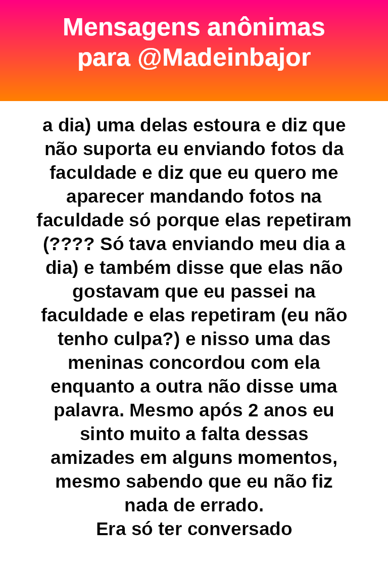 vidaalheiaoff's tweet photo. #bajo43490
📆(M20)
Você não foi babaca; parecia uma amizade desigual, em que você celebrava, ajudava e eles passaram a transformar sua conquista em comparação e ressentimento . #furafila https://t.co/WsLeNI7Yp4